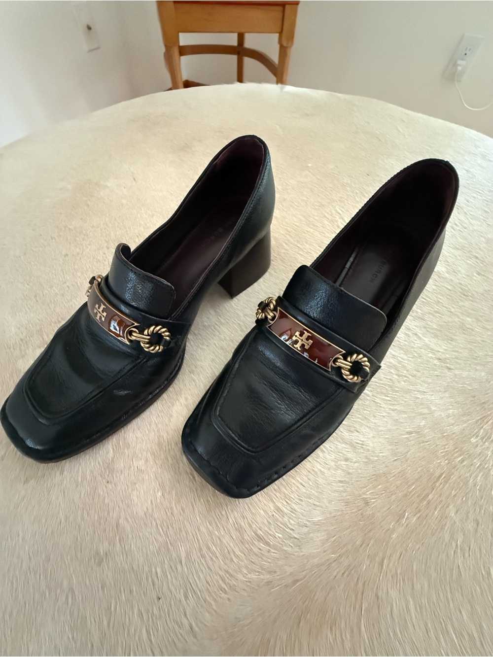 Tory Burch Black Leather Block Heel Loafers with Brown and Gold Trim